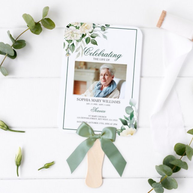 Funeral Order of Service|Eucalyptus White Floral Hand Fan (Creator Uploaded)