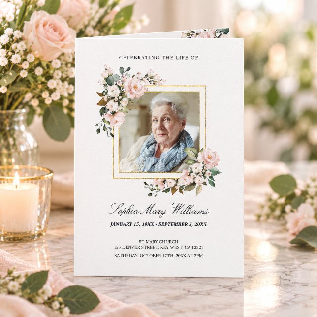 Funeral Order of Service | Floral Memorial Program Programme ("Celebrating the Life Of" funeral program with white floral gold frame photo, personalized)