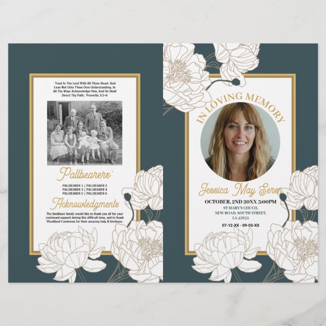 Funeral Order of Service Life Floral Dark Green Flyer (Front)