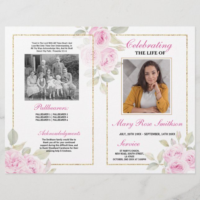 Funeral Order of Service Life Pink Flowers Flyer (Front)