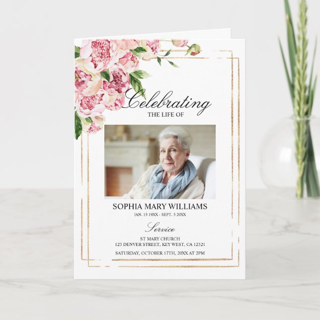 Funeral Order of Service | Pink Flowers Memorial Card (Front)