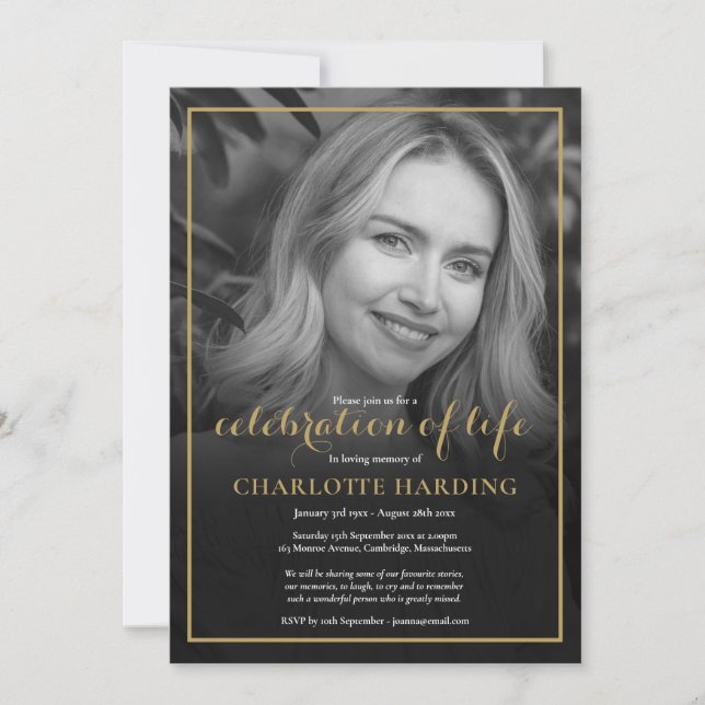 Funeral Photo Black and White Celebration of Life Invitation (Front)
