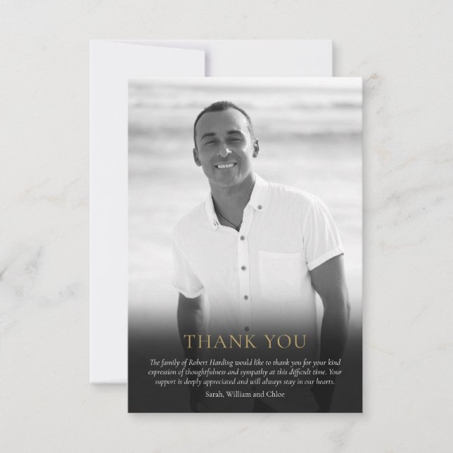 Funeral Photo Black and White Elegant Greenery Thank You Card (Front)