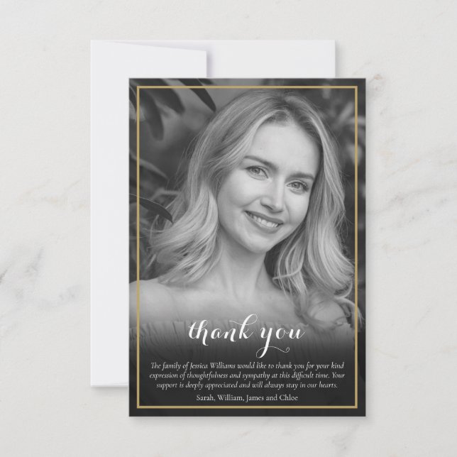 Funeral Photo Black and White Elegant Script Thank You Card (Front)