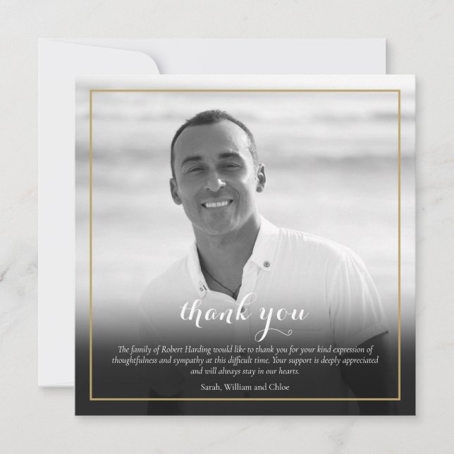 Funeral Photo Black and White Elegant Square  Thank You Card (Front)