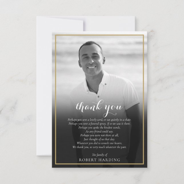 Funeral Photo Black and White Gold Poem Thank You Card (Front)