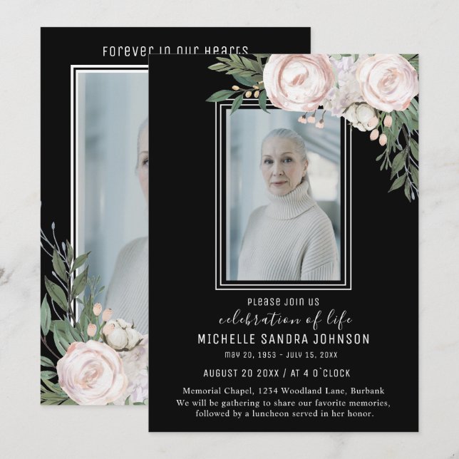 Funeral Photo Black Floral Memorial Prayer Card (Front/Back)