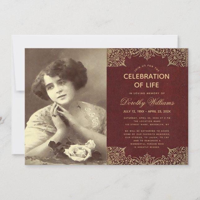 Funeral Photo Celebration of Life Burgundy Gold Invitation (Front)