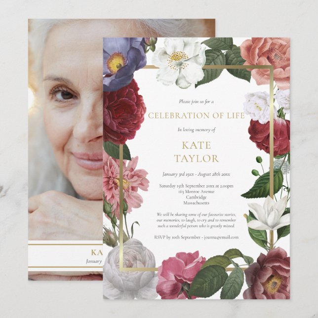 Funeral Photo Celebration of Life Floral Invitation (Front/Back)