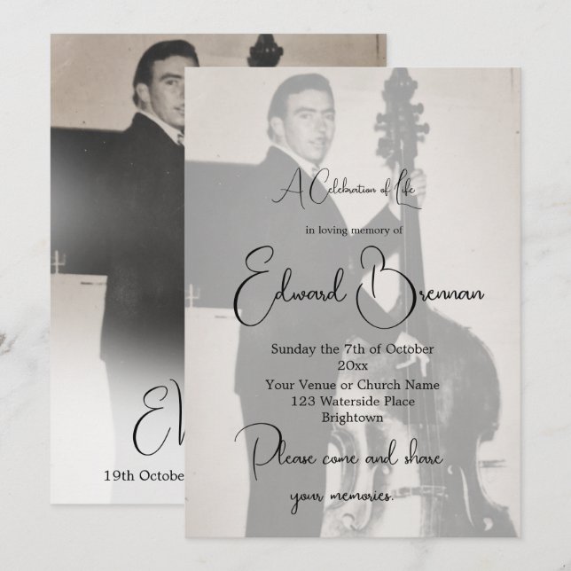 Funeral Photo Elegant Male Celebration Of Life Invitation (Front/Back)