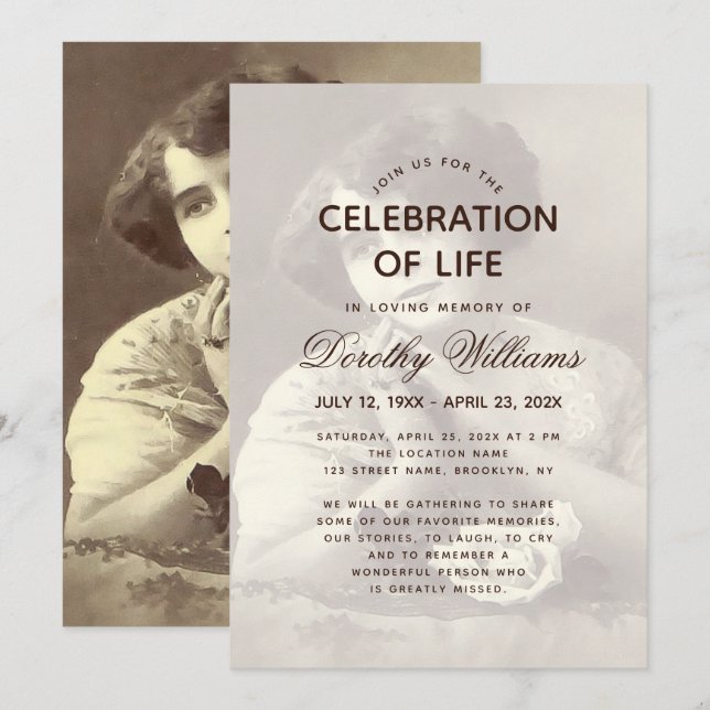 Funeral Photo Elegant Script Celebration of Life Invitation (Front/Back)