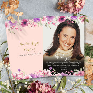 Funeral Photo Floral Blush Pink Thank You Card