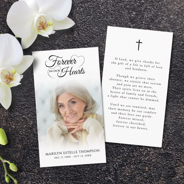 Funeral Photo Forever Hearts Cross Prayer Card (Creator Uploaded)