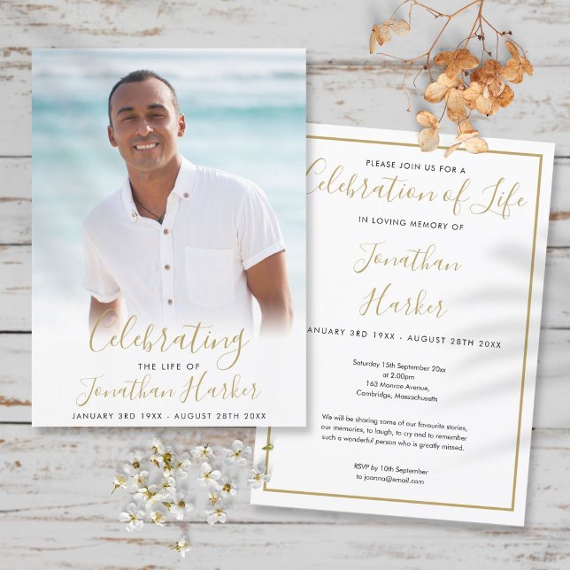 Funeral Photo Gold Script Celebration of Life Invitation (Creator Uploaded)