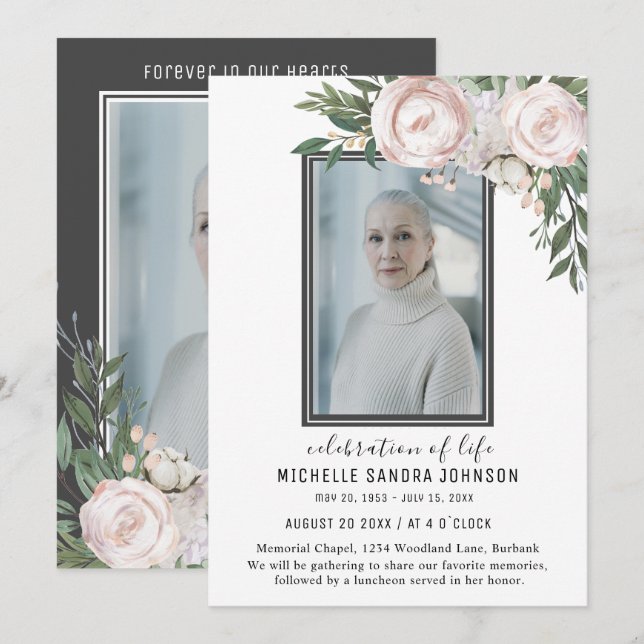 Funeral Photo Grey Floral Memorial Prayer Card (Front/Back)