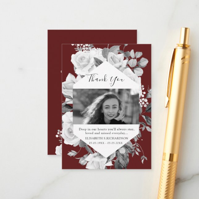 Funeral Photo Memorial Floral Red Thank You Card (Front/Back In Situ)