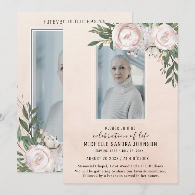 Funeral Photo Pink Floral Memorial Prayer Card (Front/Back)