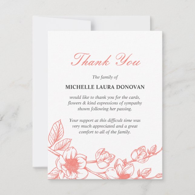 Funeral Photo Thank You Note | Coral Magnolia (Front)