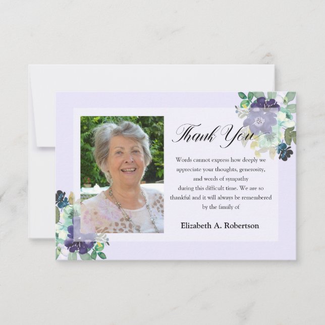 Funeral Photo Thank You Purple Flowers Card (Front)