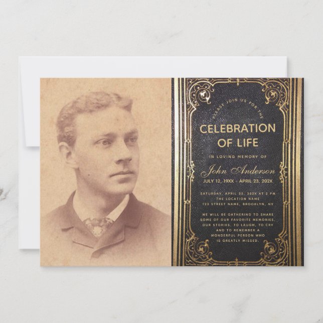 Funeral Photo Vintage Black Gold Life Celebration  Invitation (Front)