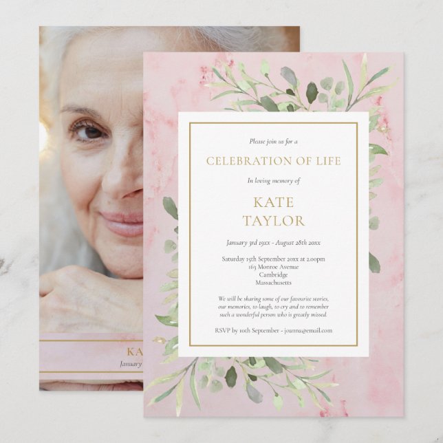Funeral Pink Marble Photo Celebration of Life Invitation (Front/Back)