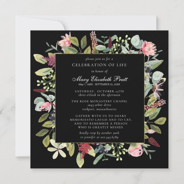 Funeral Pink Purple Floral Black Background Invitation (Front)
