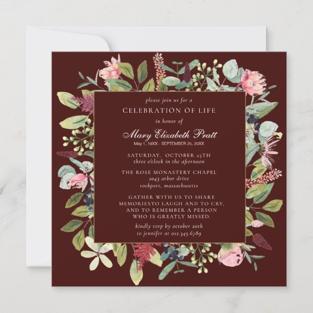 Funeral Pink Purple Floral Burgundy Background Invitation (Front)