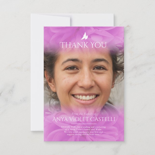 Funeral pink soft rose photo family thank you card (Front)