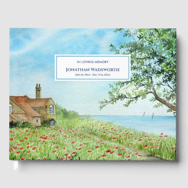 Funeral Poppy Field Landscape Watercolor Guest Book (Front)