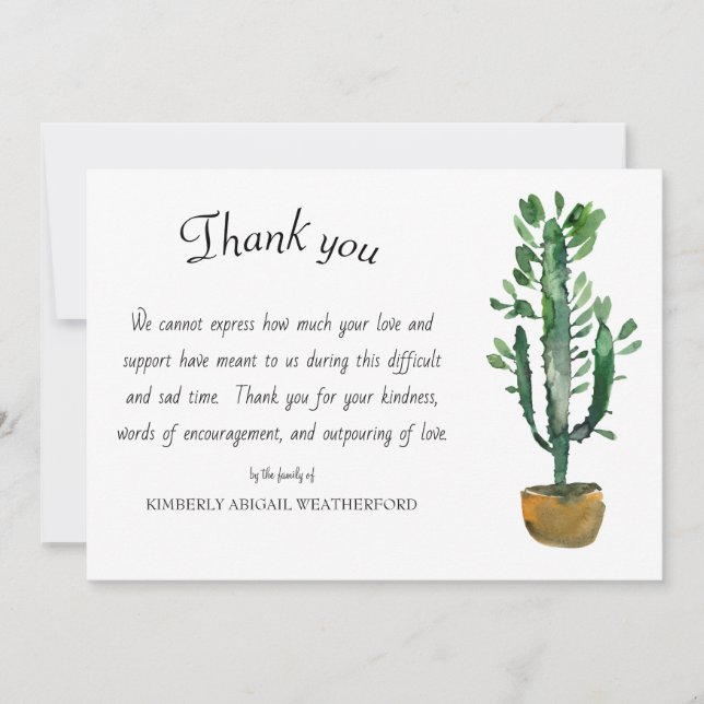 Funeral Potted Cactus Thank You Card (Front)