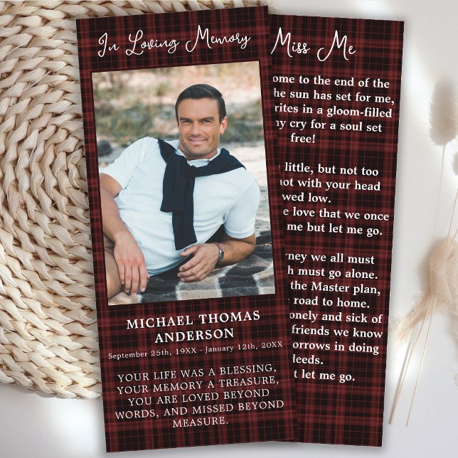 Funeral Prayer Bookmark Card Plaid Photo Memorial  (Creator Uploaded)