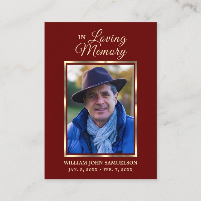 FUNERAL PRAYER THANK YOU Burgundy Red PHOTO Business Card (Front)