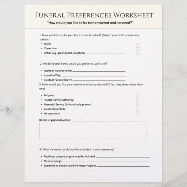  Funeral Preferences Worksheet Custom Letterhead (Front)