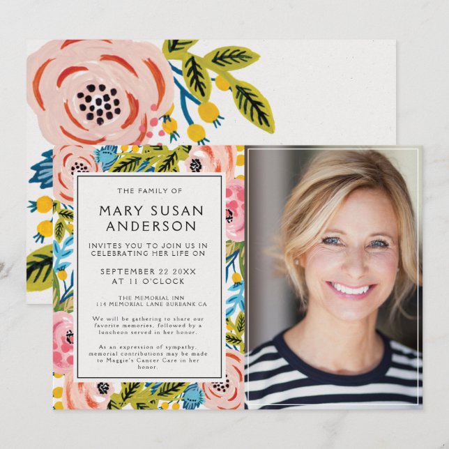 Funeral Pretty Florals Celebration of Life Photo Invitation (Front/Back)