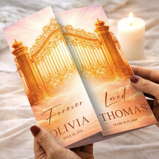 Funeral Program Gold Heaven’s Gates Memorial Flyer (Funeral Program Gold Heaven’s Gates Memorial Flyer, Funeral for Women, Loss of Mother)