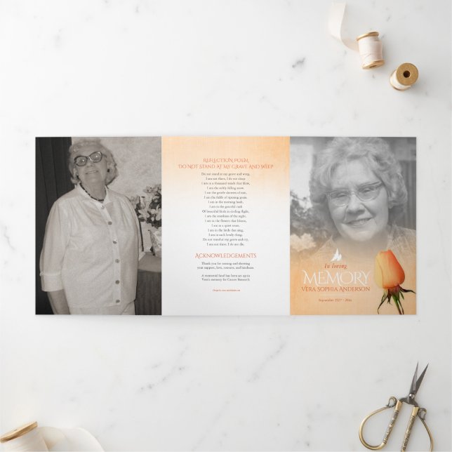 Funeral program order of service orange rose Tri-Fold programme (Outside)