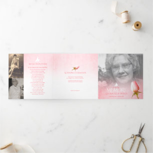 Funeral program order of service pink rose dove Tri-Fold programme