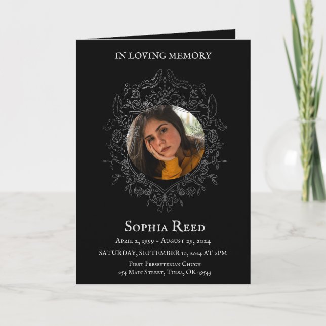 Funeral program photo in baroque wreath thank you card (Front)