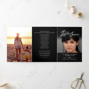 Funeral program service in our hearts black white Tri-Fold programme