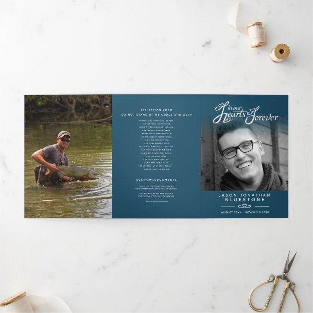 Funeral program service in our hearts dark blue Tri-Fold programme (Outside)