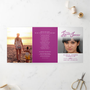 Funeral program service in our hearts white purple Tri-Fold programme