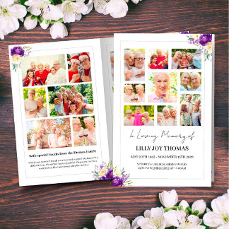 Funeral Program with Purple and Cream Flowers