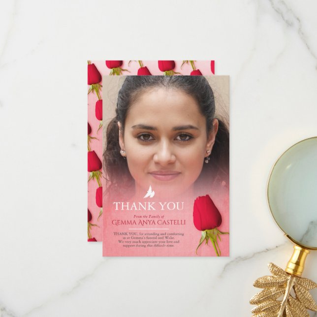 Funeral red rose photo family thank you card (Front/Back In Situ)
