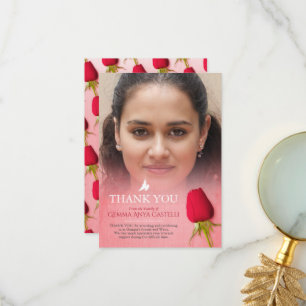 Funeral red rose photo family thank you card