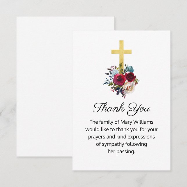 Funeral Religious Gold Cross Floral Thank You Card (Front/Back)