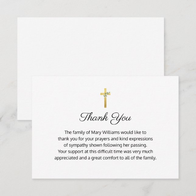 Funeral Religious Memorial Gold Cross Thank You Card (Front/Back)