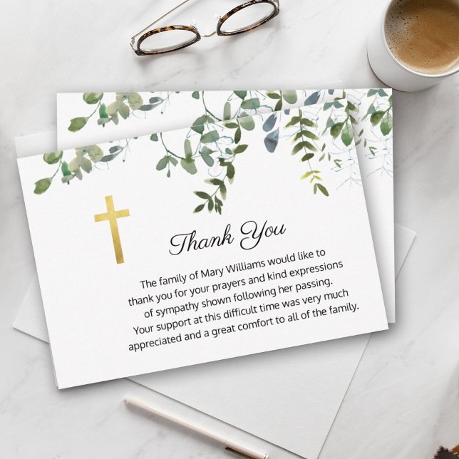 Funeral Religious Memorial Greenery Cross Thank You Card (Creator Uploaded)