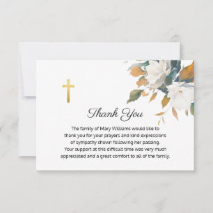 Funeral Religious Memorial White Floral Cross Thank You Card