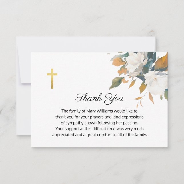 Funeral Religious Memorial White Floral Cross Thank You Card (Front)