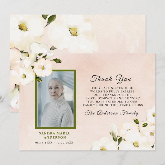Funeral Romantic Floral Pink Photo Thank You  (Front/Back)